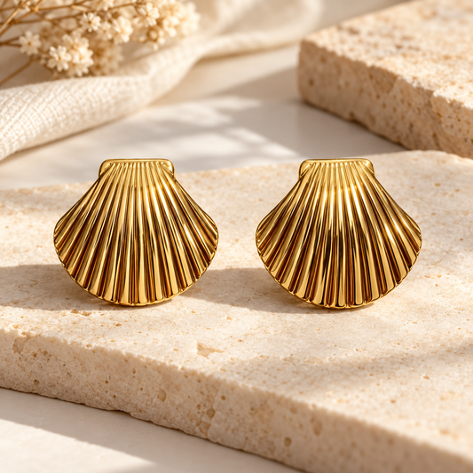 Gold Shell Stud Earrings – Ribbed Seashell Design for Women