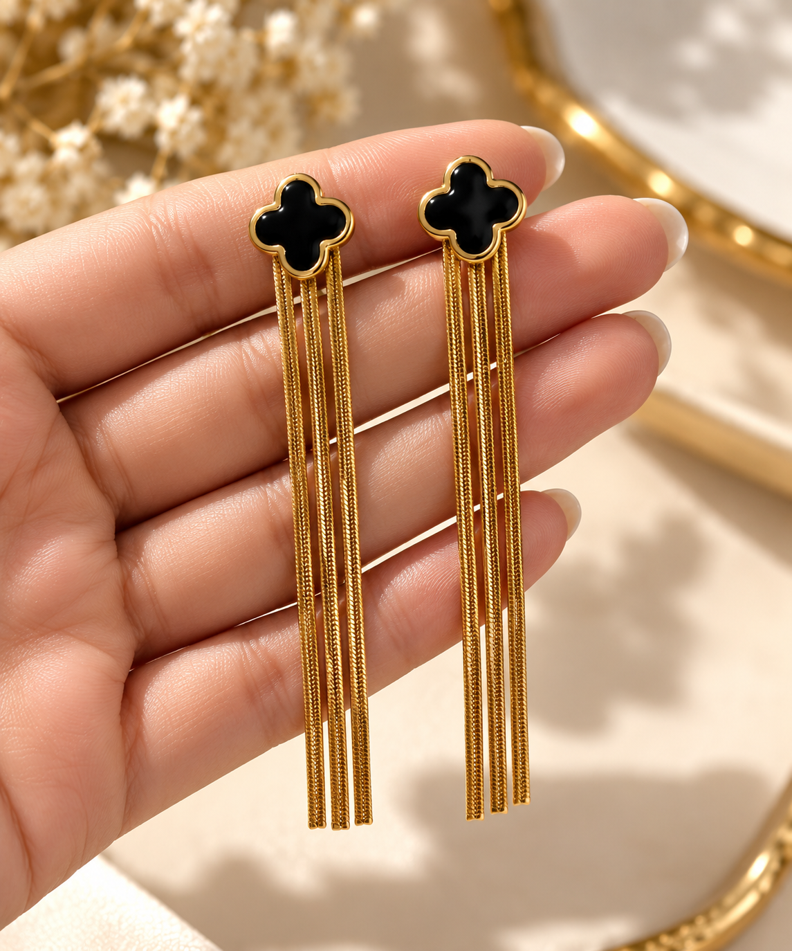 Anti-Tarnish Black Clover Chain Drop Earrings for Women | Gold Long Tassel Earrings