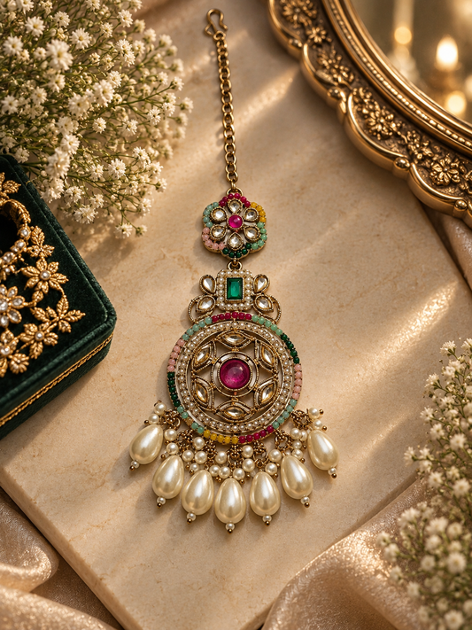 Multicolor Kundan Floral Pearl Maang Tikka