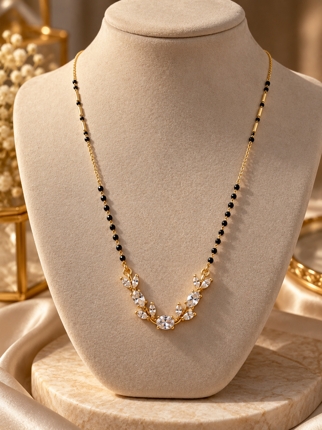 Elegant Floral CZ Mangalsutra Necklace | Gold & Black Beads
