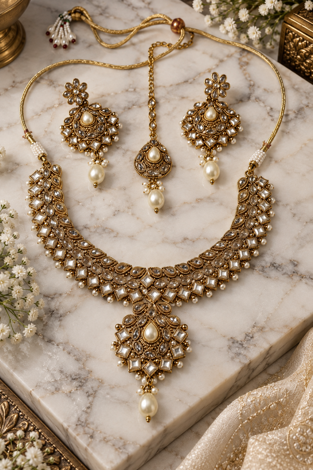 Antique Gold Polki Kundan Pearl Necklace