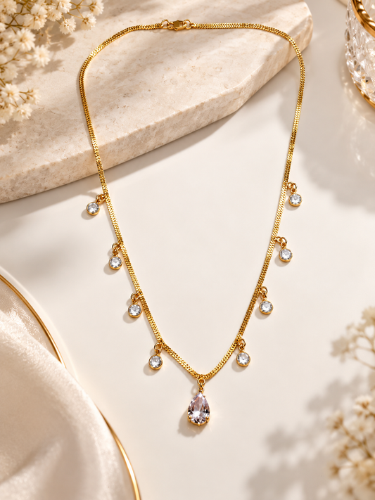 Anti Tarnish Gold Teardrop Pendant Necklace with CZ Charms