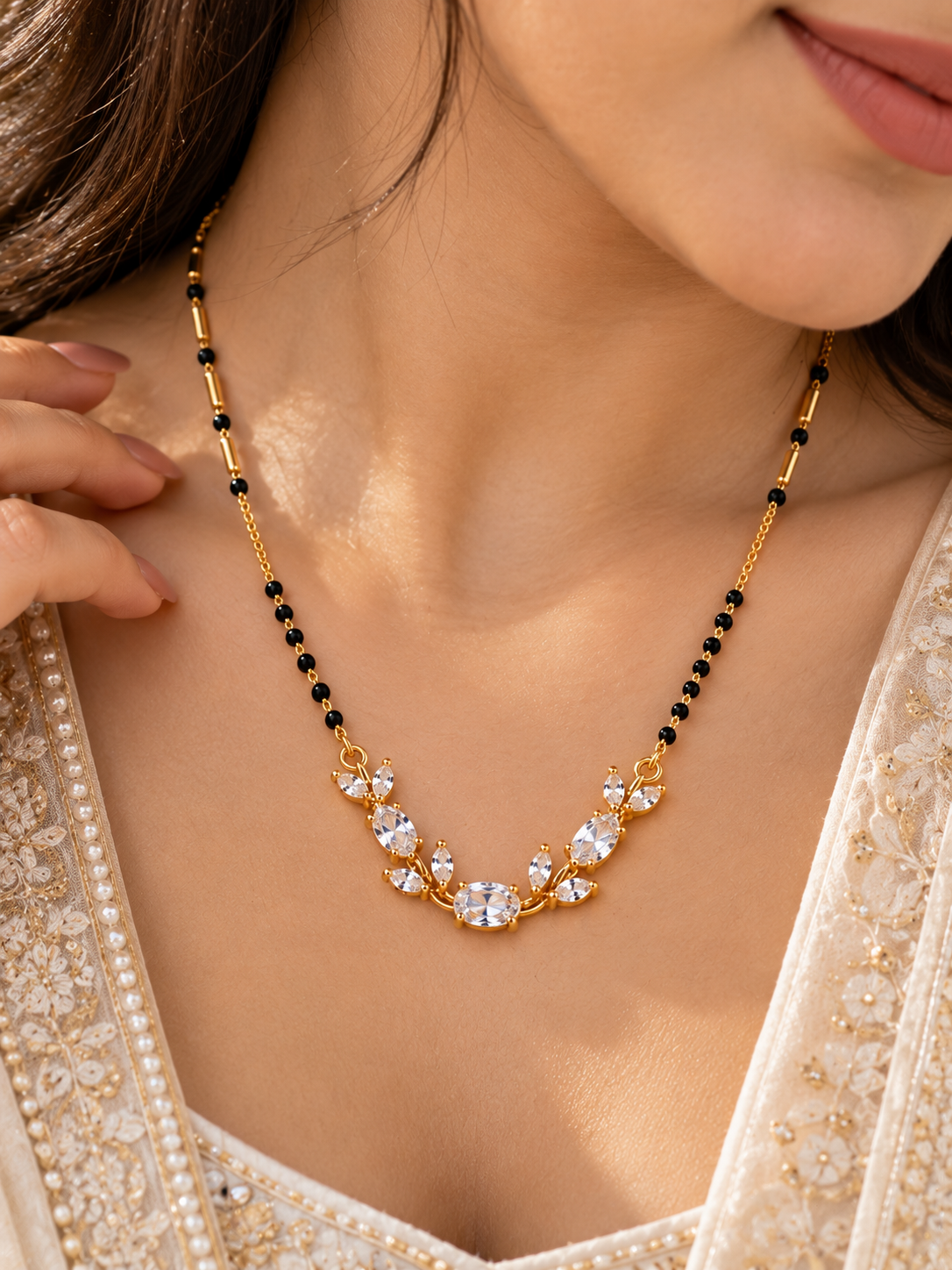 Elegant Floral CZ Mangalsutra Necklace | Gold & Black Beads