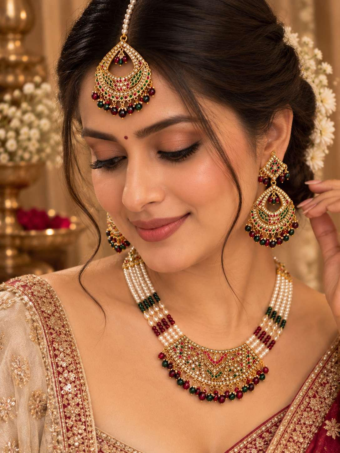 Wishberrie Hyderabadi Jadau Jewellery Set for Women | Traditional Pearl Necklace, Earrings & Maang Tikka | Bridal Wedding & Festive Wear