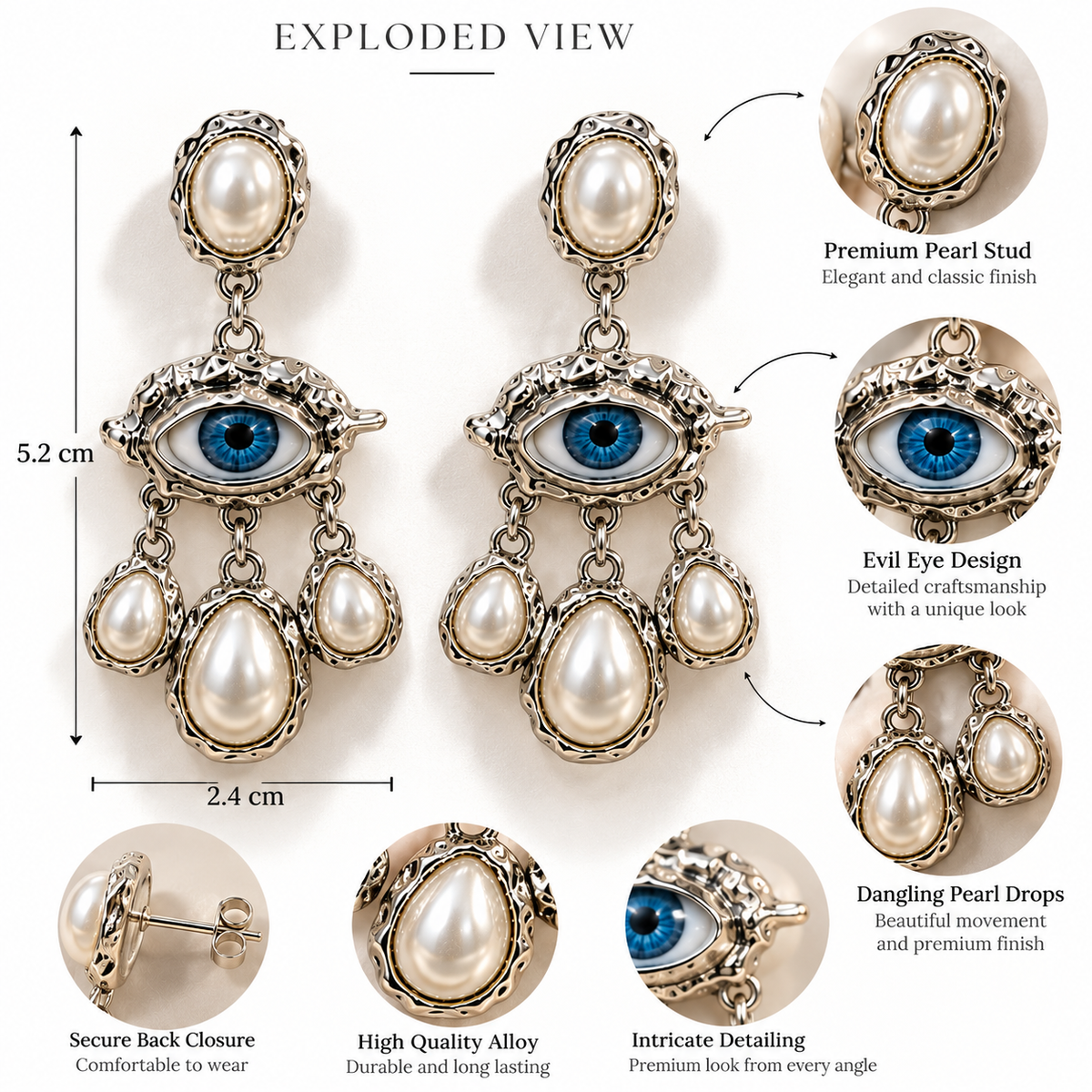 Blue Evil Eye Pearl Earrings for Women | Silver Drop & Chandelier Earrings