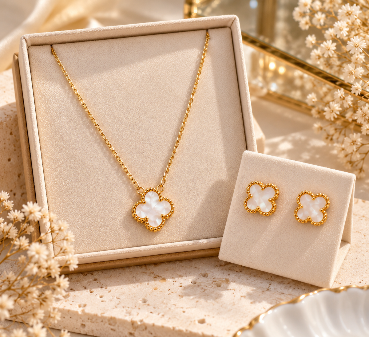 Mother of Pearl Clover Pendant Necklace & Matching Stud Earrings Set | Elegant Gold-Tone Jewelry
