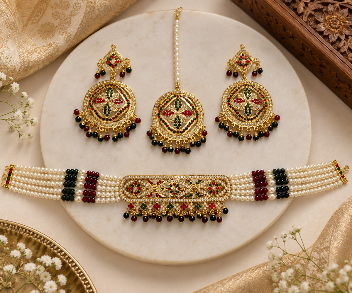 Hyderabadi Jadau Pearl Choker Set with Earrings & Round Maang Tikka