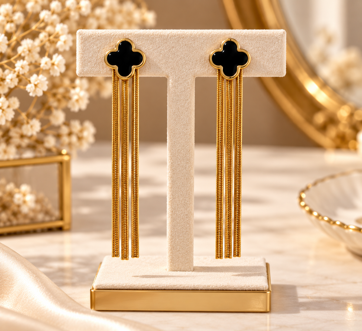 Anti-Tarnish Black Clover Chain Drop Earrings for Women | Gold Long Tassel Earrings