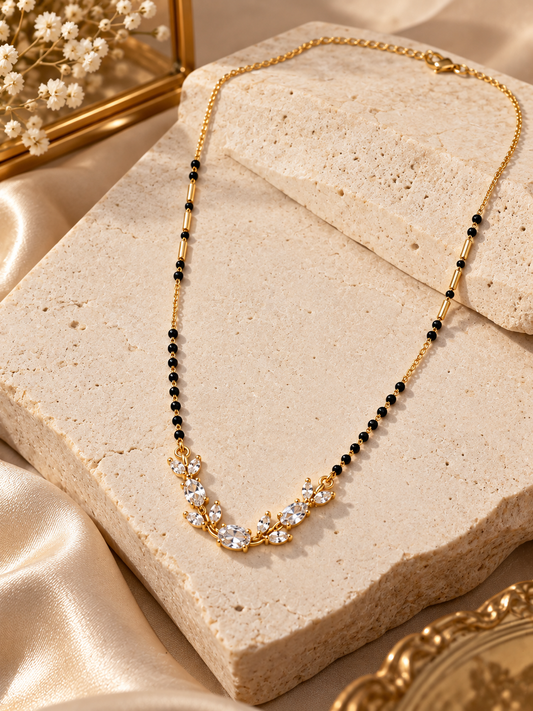 Elegant Floral CZ Mangalsutra Necklace | Gold & Black Beads