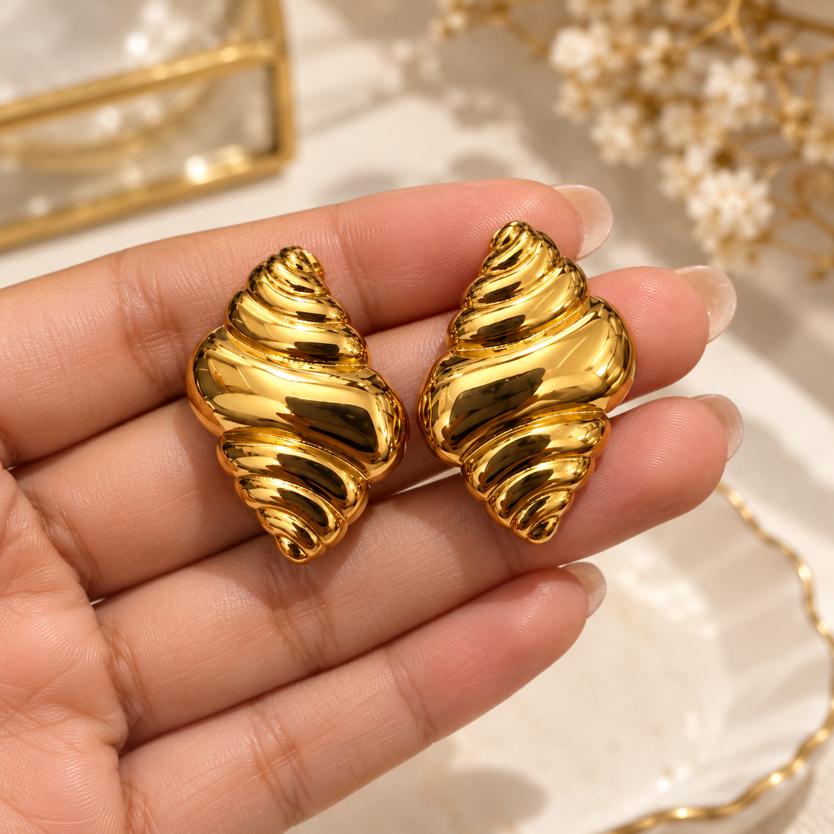 Gold Spiral Shell Earrings for Women | Statement Stud Earrings