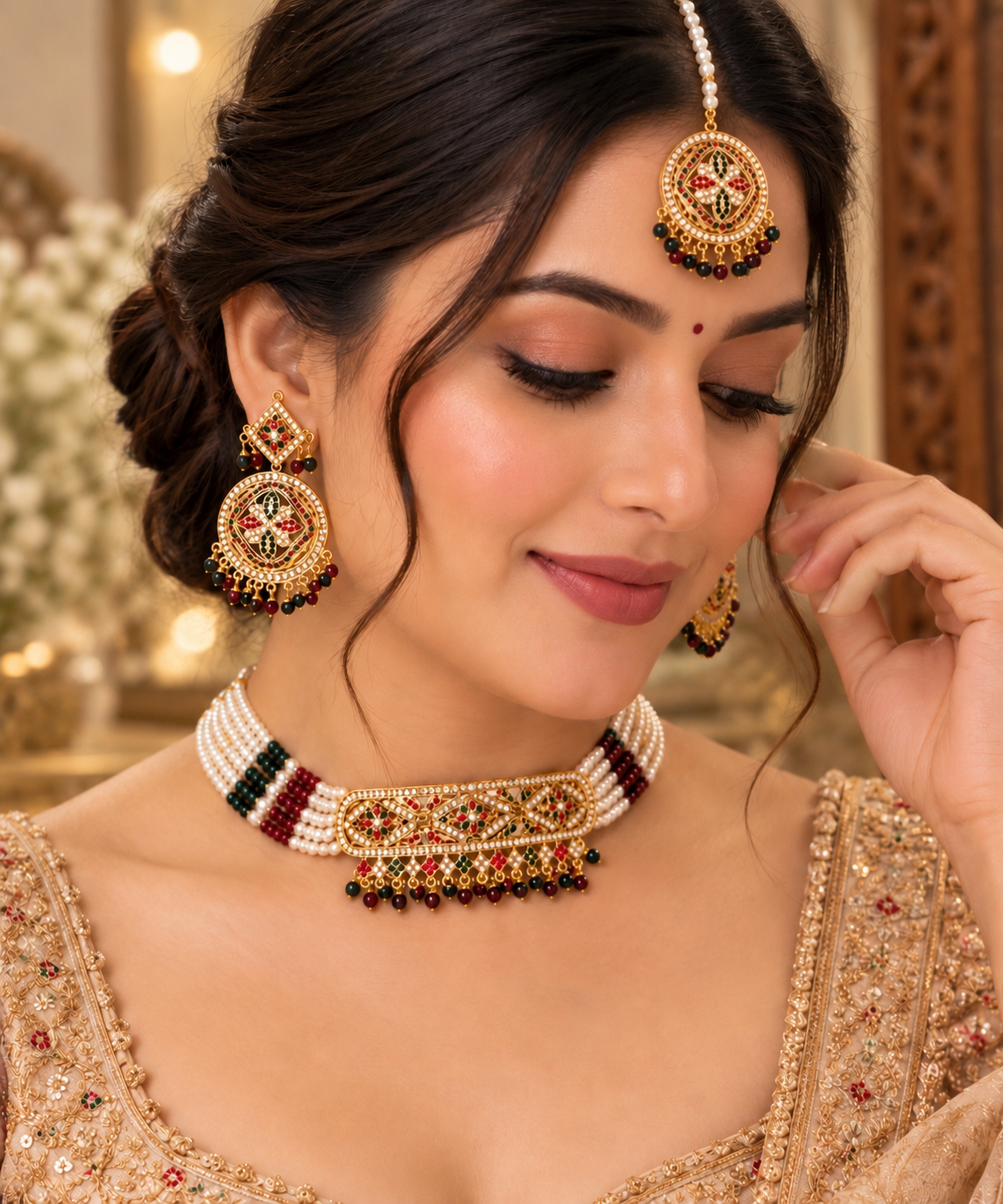 Hyderabadi Jadau Pearl Choker Set with Earrings & Round Maang Tikka