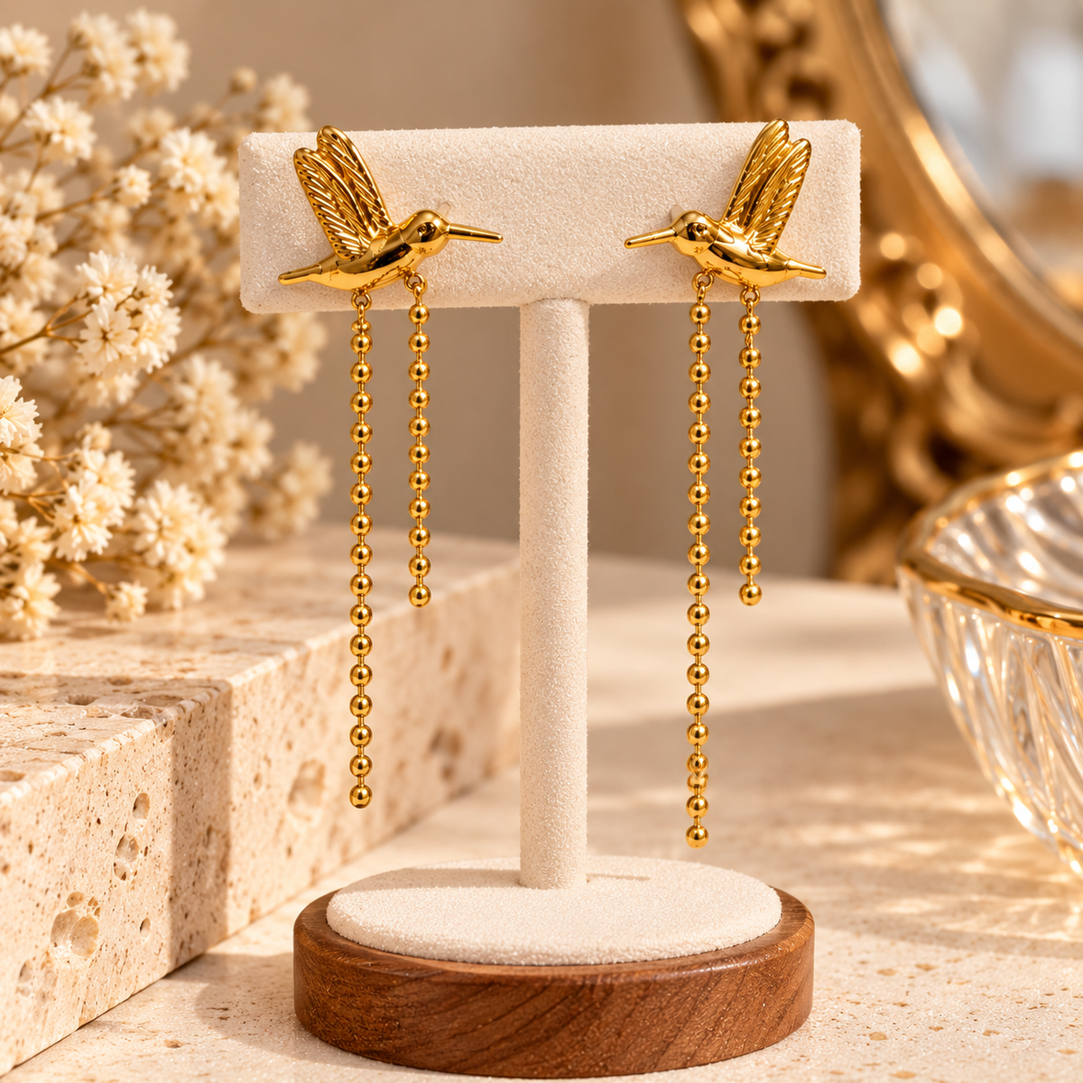 Gold Hummingbird Drop Earrings with Beaded Chain Tassels | Statement Bird Earrings
