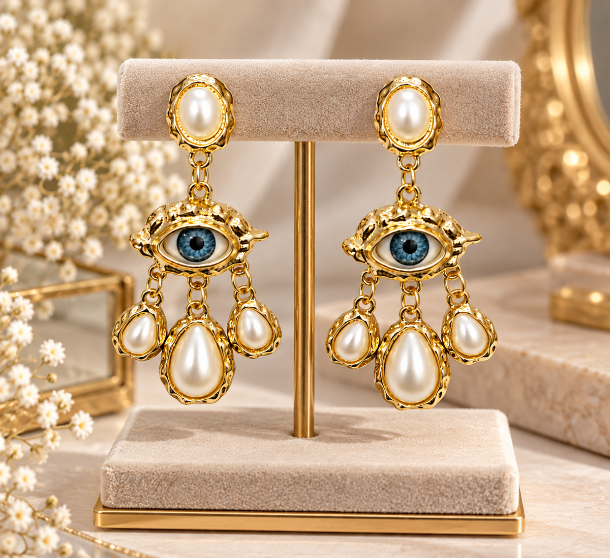 Gold Evil Eye Pearl Drop Earrings for Women | Statement Dangle Earrings