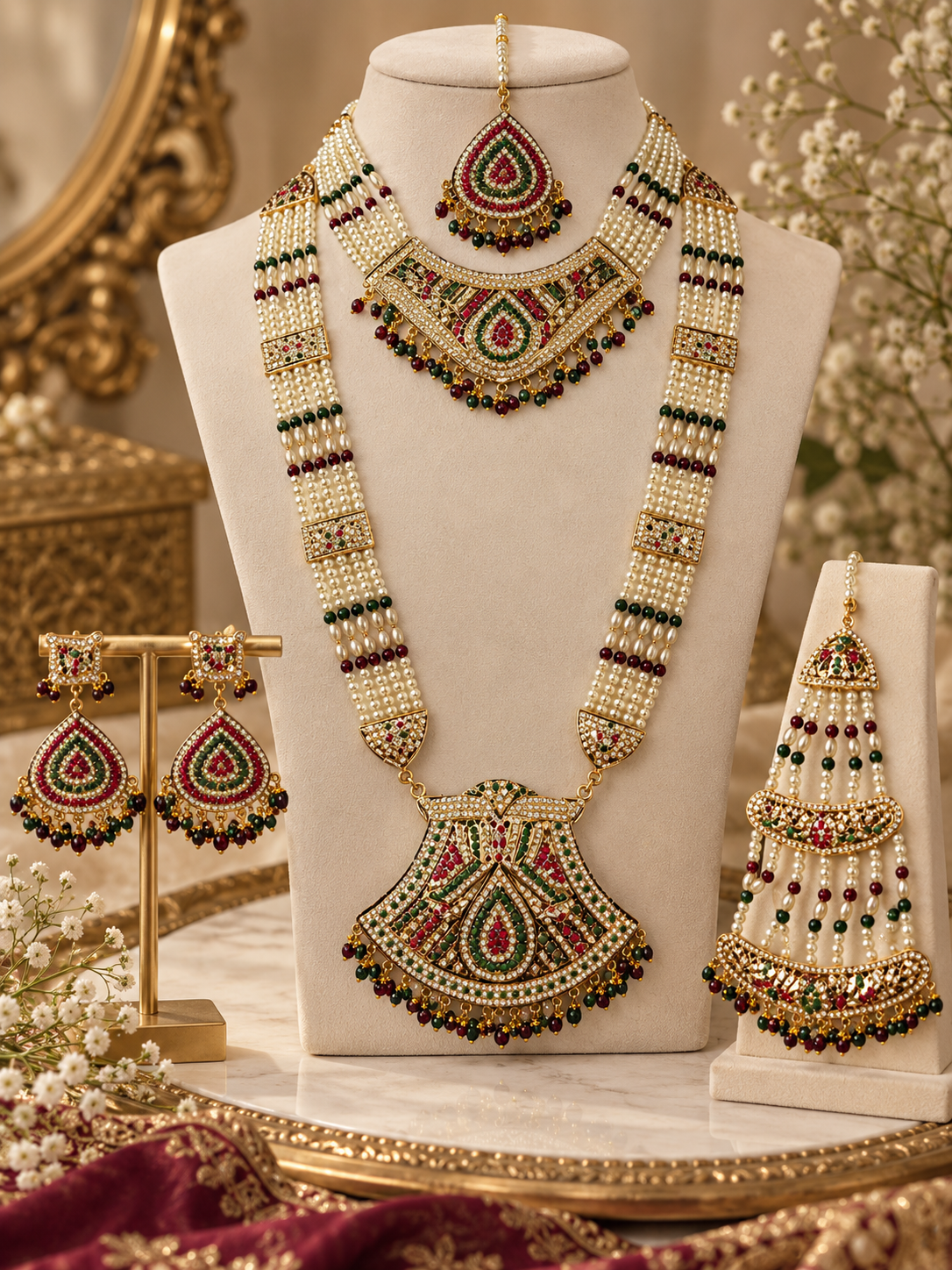 Hyderabadi Jadau Bridal Jewellery Set with Pearl Necklace, Jhumkas, Maang Tikka & Jhoomar