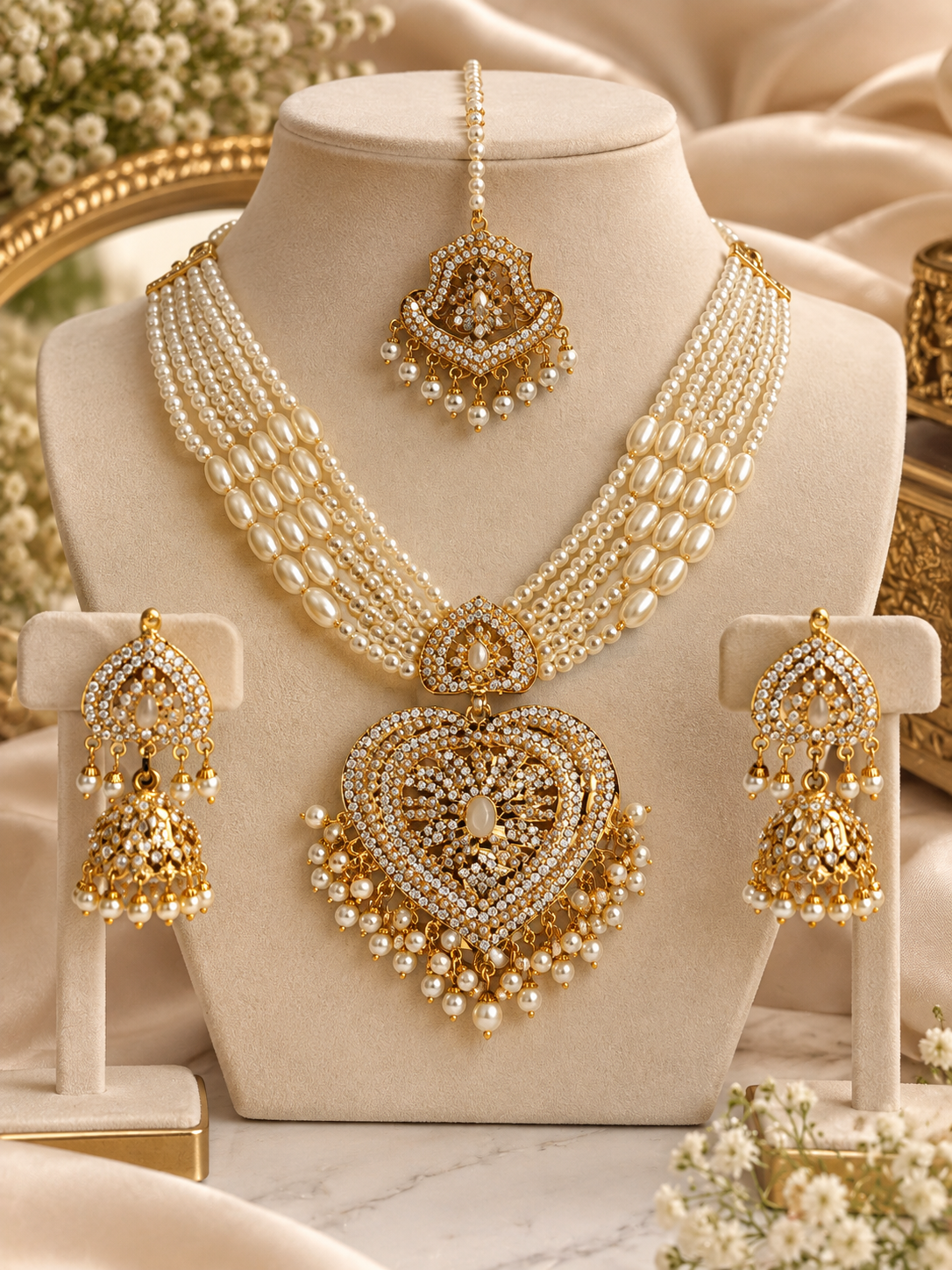 Hyderabadi Jadau Kundan Pearl Jewellery Set with Jhumkas & Maang Tikka