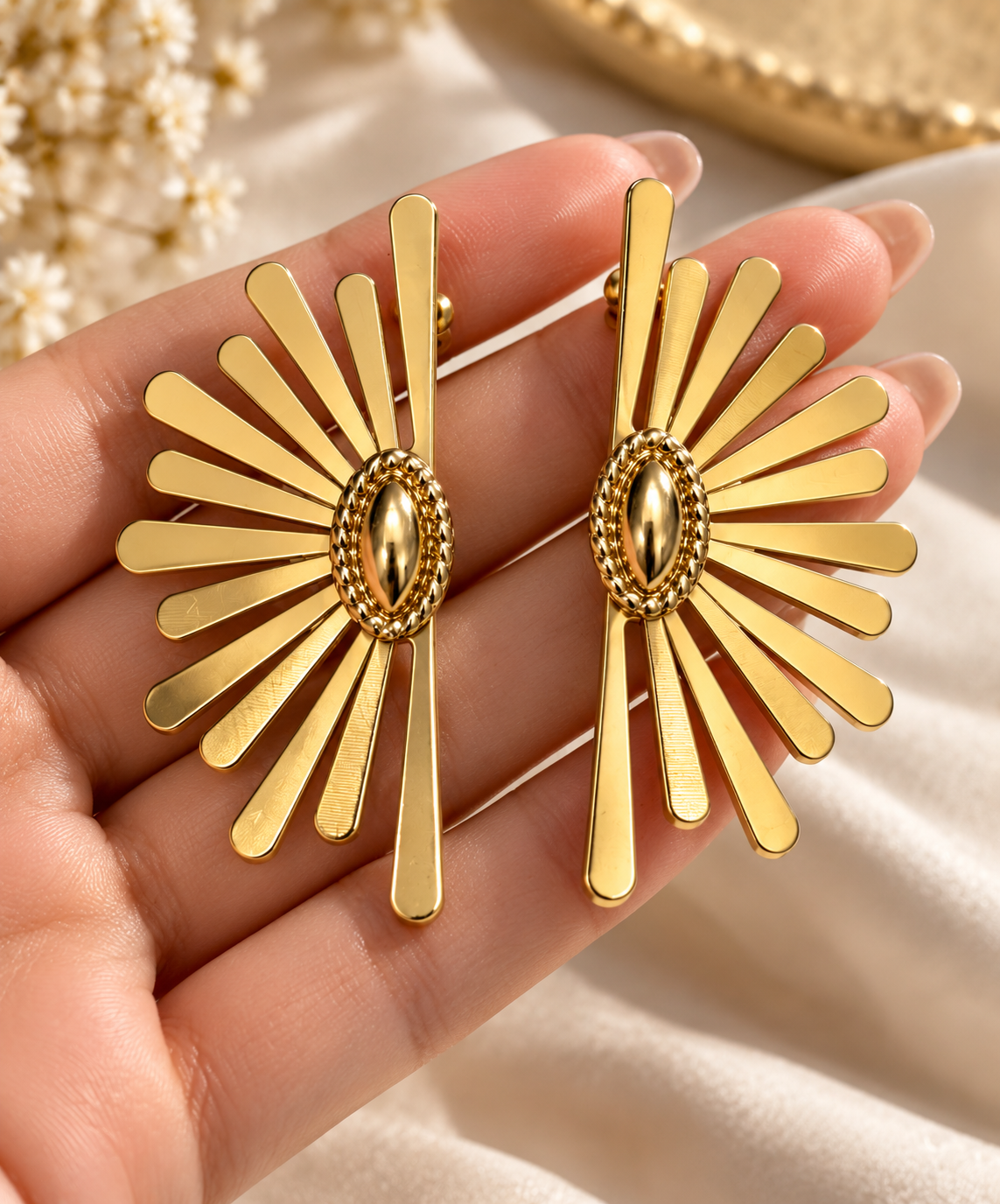 Anti-Tarnish Gold Sunburst Earrings for Women | Statement Fan-Shaped Earrings