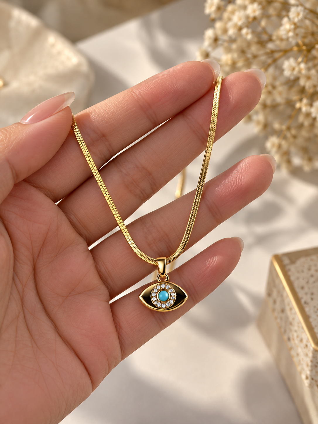 Anti Tarnish Evil Eye Locket Pendant Necklace for Women | Gold-Tone Turquoise Pendant