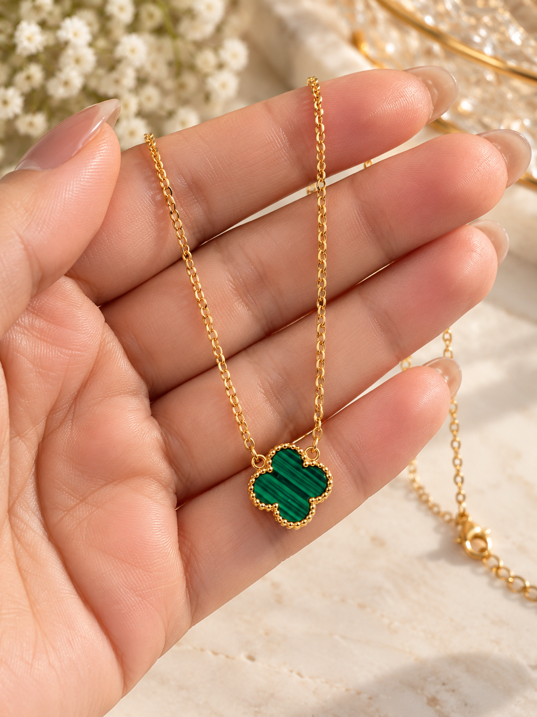 Green Malachite Clover Pendant Necklace for Women | Gold-Plated Quatrefoil Necklace