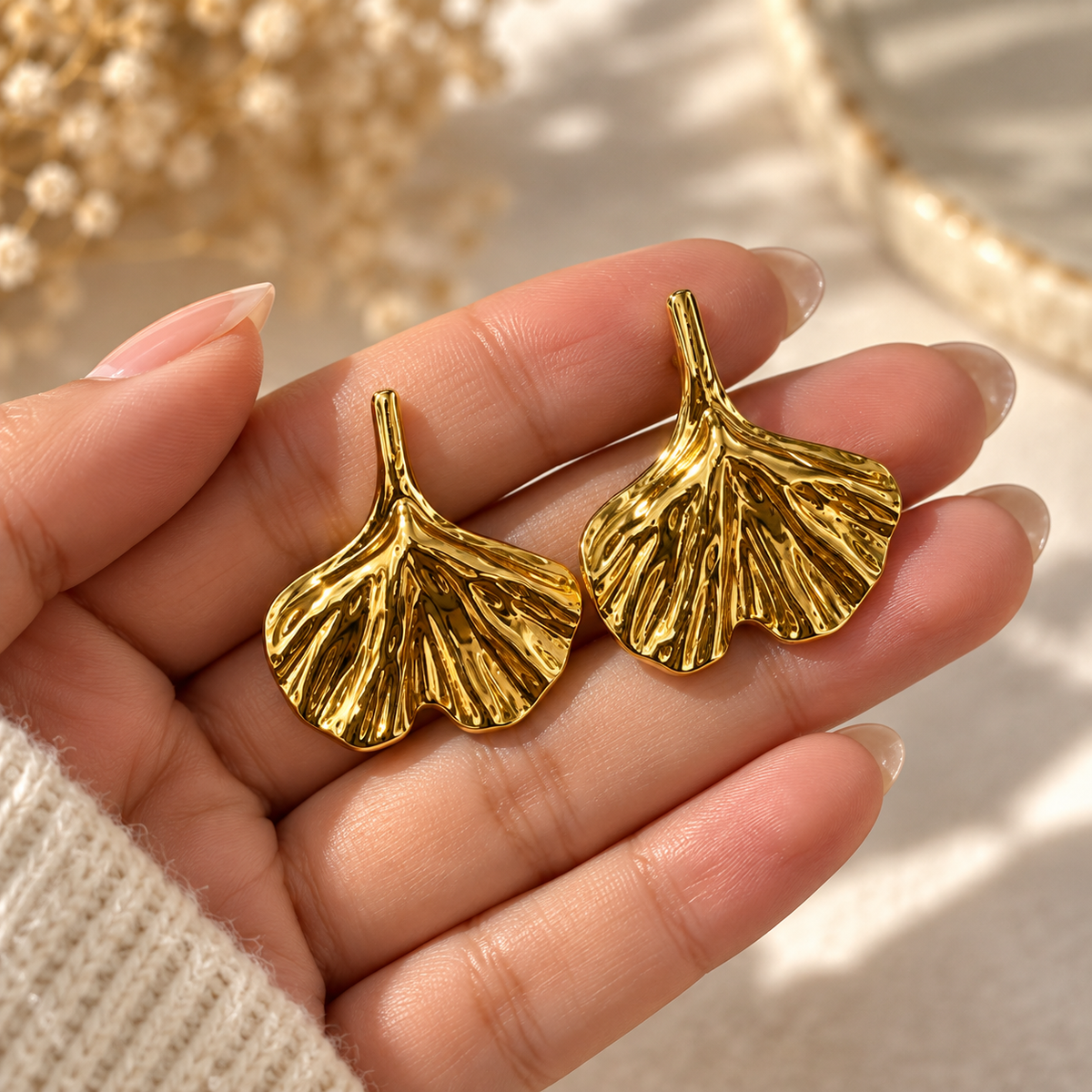 Gold Leaf Statement Earrings for Women | Textured Gold Earrings