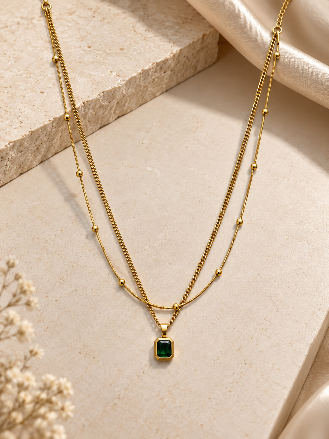 Green Emerald Pendant Necklace for Women | Double Layer Gold-Tone Chain Necklace